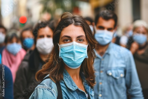 A focused shot of a young woman wearing a face mask with blurred people in the background, illustrating city life during a health crisis.