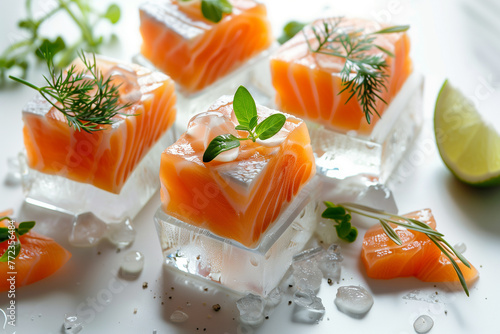 Sliced fresh salmons on ice. Food image. Generative AI. © pomiti