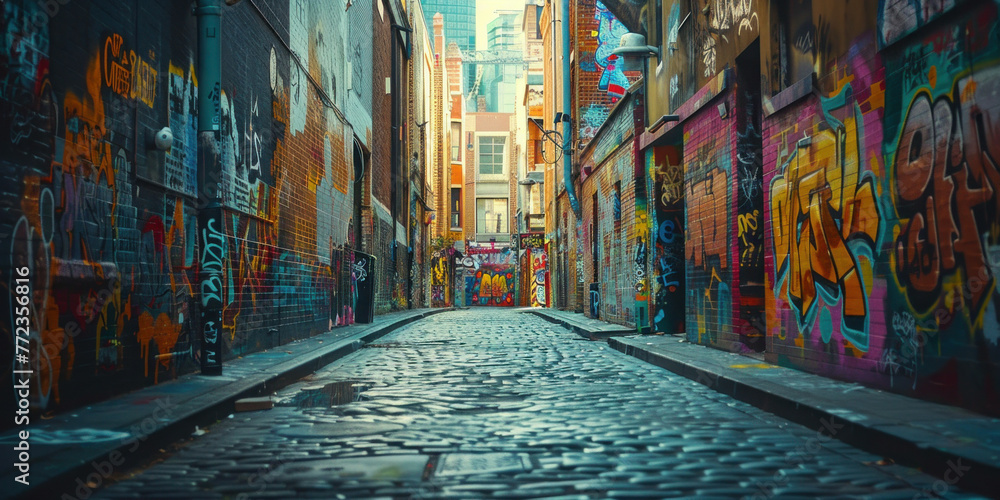 Fototapeta premium Urban Alleyway with Graffiti Walls and Cobblestone Path Atmospheric Street Art Scene in the City