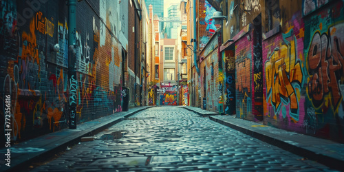 Urban Alleyway with Graffiti Walls and Cobblestone Path Atmospheric Street Art Scene in the City