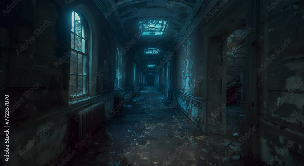 Abandoned asylum, hallways patrolled by the glowing spirits of former patients Abandoned asylum, hallways patrolled by the glowing spirits of former patients