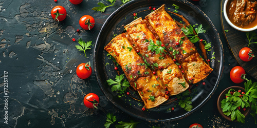 Mexican Enchiladas with Tomatoes and Spices on Black Plate, Top View Texture Shot