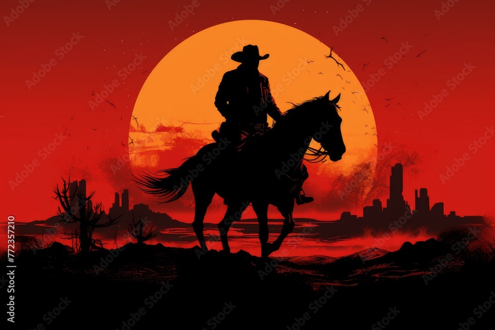 Stately Silhouette cowboy horse. Lonely and brave rider against endless wasteland. Generate AI
