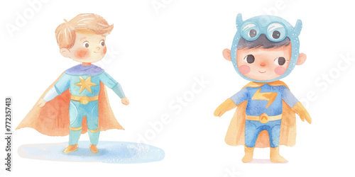kid wearing super hero outfit watercolor vector illustration 