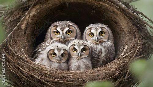 a mother owl with her owlets in a cozy nest upscaled 8 photo