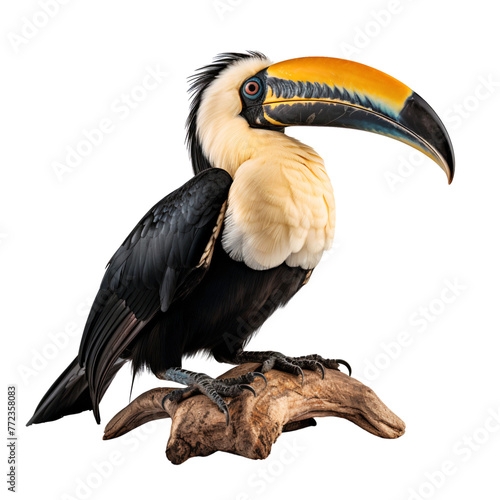 Portrait of a Toucan bird on a tree branch, isolated on transparent background
