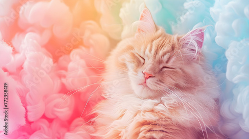 Cute kawaii fluffy smiling cat photography isolated on rainbow pastel pink modern color background with copyspace, flat anime Japanese style aesthetic, poster wallpaper