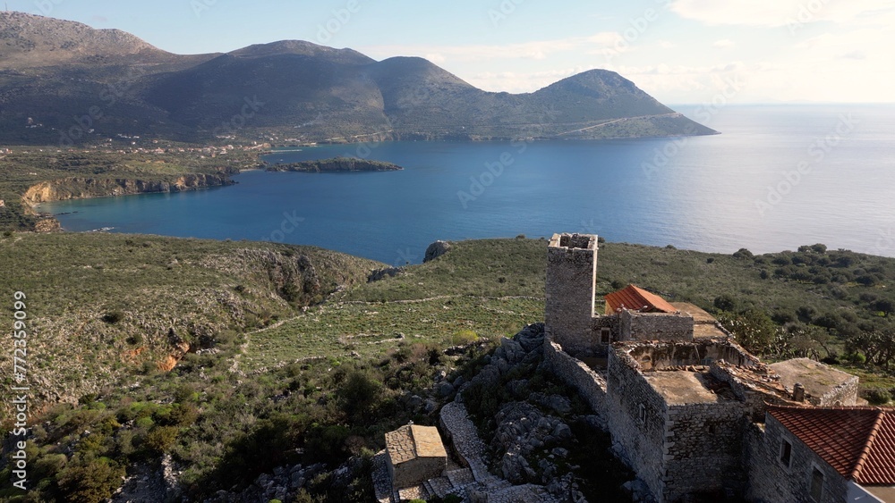 Cape Tenaro Tainaron, also known as Cape Matapan, is the southernmost part of the Mani Peninsula - drone aerial view of Peloponese landscape with sea Beach and Mountain