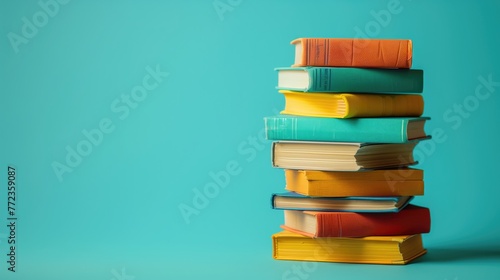Stack of books on blue background. Education concept. Copy space