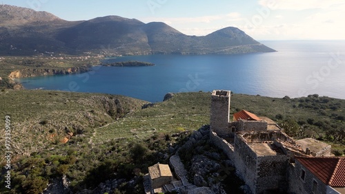 Obraz na płótnie Cape Tenaro Tainaron, also known as Cape Matapan, is the southernmost part of the Mani Peninsula - drone aerial view of Peloponese landscape with sea Beach and Mountain w salonie