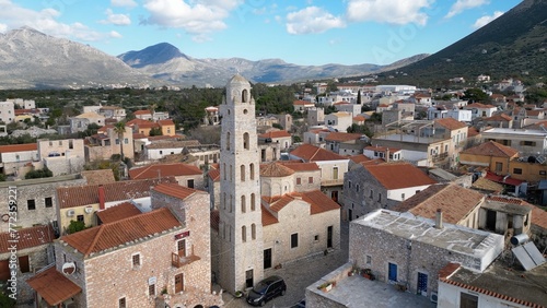 Obraz na płótnie Iconic aerial scenery over the old historical town of Areopoli Lakonia, Greece - Mani Peninsula Peloponnese - drone aerei view old historic traditional village w salonie