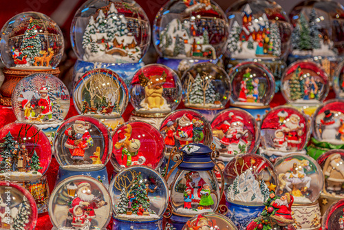 Market stall with traditional Christmas decorations exposed on sale