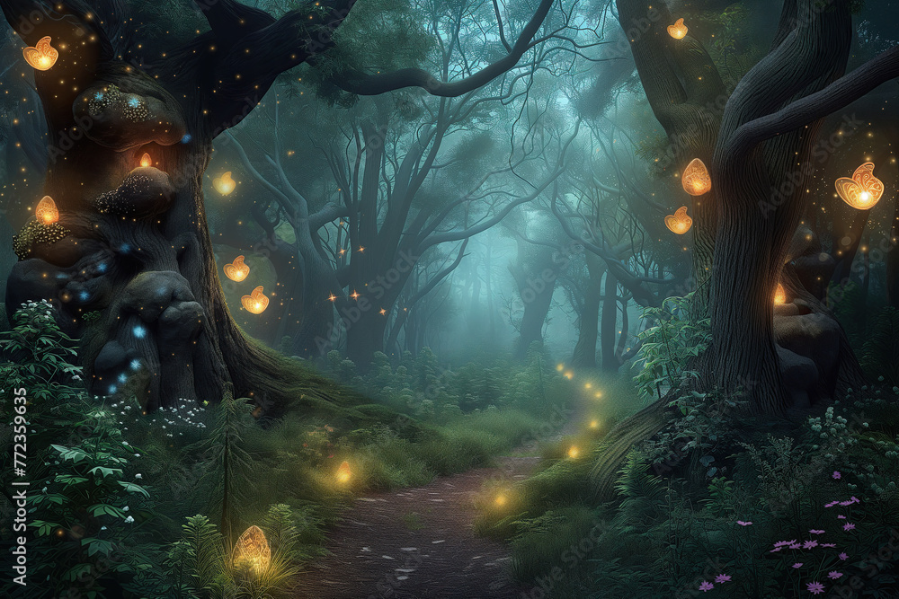 ancient mystical forest mighty trees. fantasy landscape.