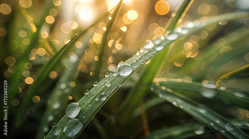 Obraz premium Morning Dew: Water Droplets on Blades of Grass with Sunlit Bokeh Background 
