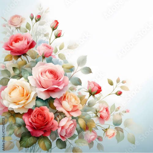 Beautiful watercolor roses on blue sky background. Vector illustration generated by ai