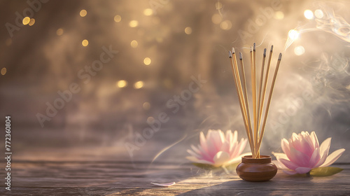 Vesak Day Tranquility: Incense Sticks & Lotus Display in Soft Lighting