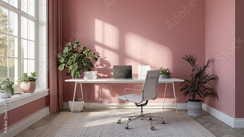 Home Office Space with Pastel Pink Walls and Modern Minimalist Design