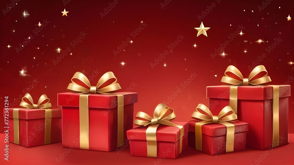 Illustration of red gift with golden bow and ribbon placed on red background near stars. Generative AI Illustration of red gift with golden bow and ribbon placed on red background near stars. Generative AI