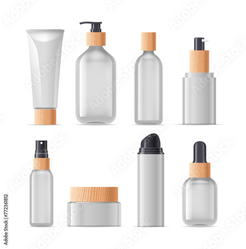 Set Of Cosmetic Bottles In Various Shapes And Sizes. 3d Vector Mockups For Showcasing Branding And Packaging Designs