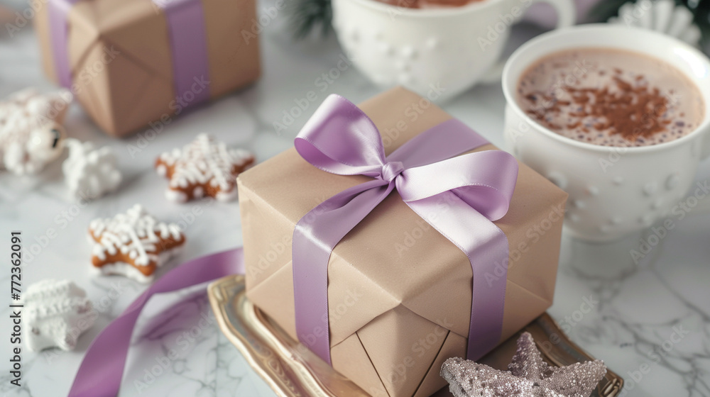 Christmas gift boxes with purple bow and ribbon on a white background with hot cocoa mugs at the back Christmas gift boxes with purple bow and ribbon on a white background with hot cocoa mugs at the back
