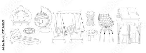 Garden Furniture Isolated Outline Monochrome Vector Icons Set. Backyard Elements, Summer Terrace And Patio Items