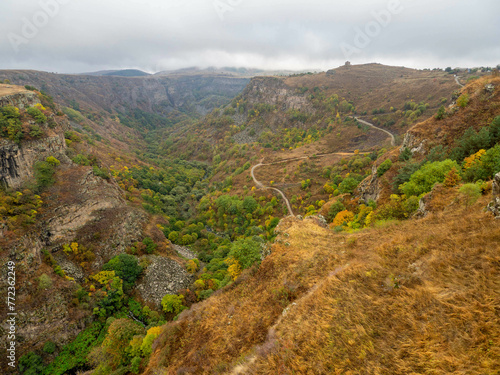 The beautiful view of high valley yellow dry grass in autumn season, Georgia.
