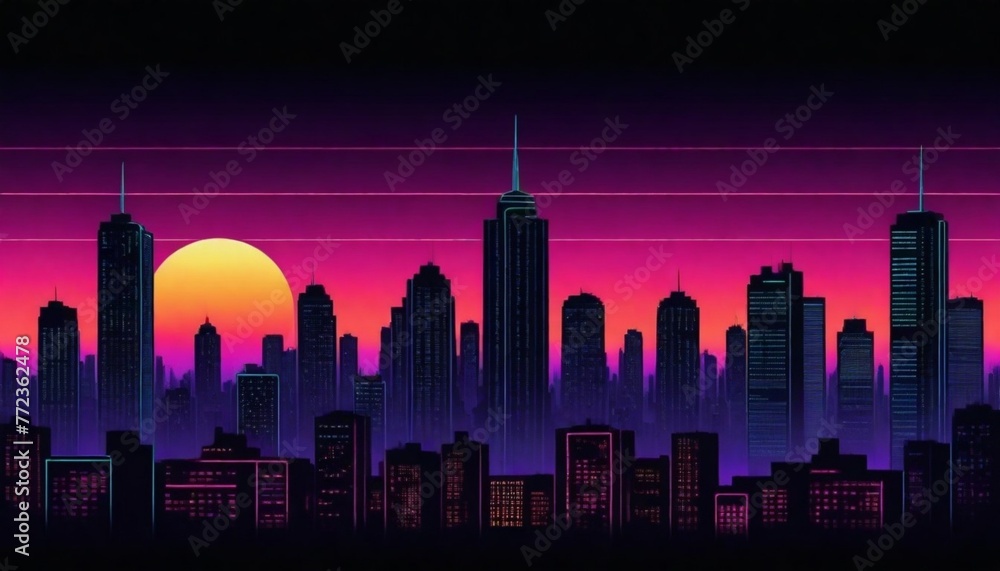 digital painting A retro sunset cityscape with sil