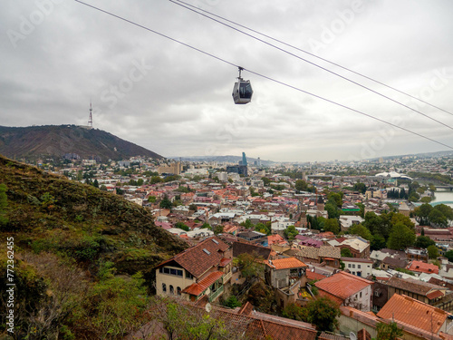 The beautiful view of tbilisi town city and cable car, Georgia.