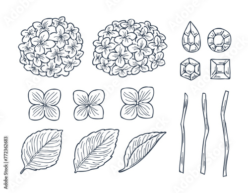 紫陽花と宝石の白塗り線画パーツイラストセット