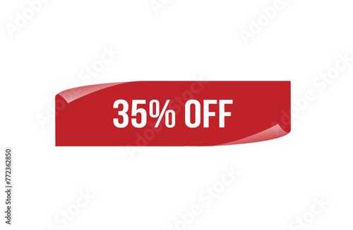 35% off red ribbon label banner. Open available now sign or 35% off tag.