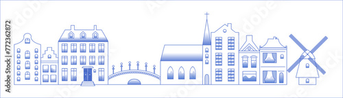 Modern looking line style vector of old buildings in "delfts blauw" or Delfts Blue as in a dutch tradition