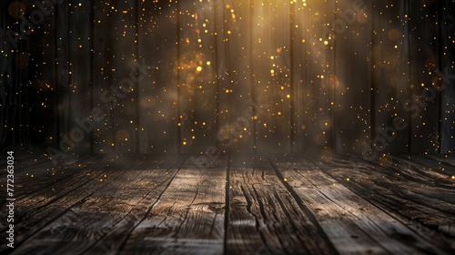 Rustic wooden surface with magical golden sparkles, creating a festive and enchanting 