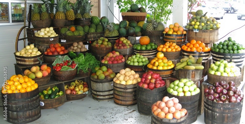 Bountiful Fruit Stand Overflowing with Fresh Produce