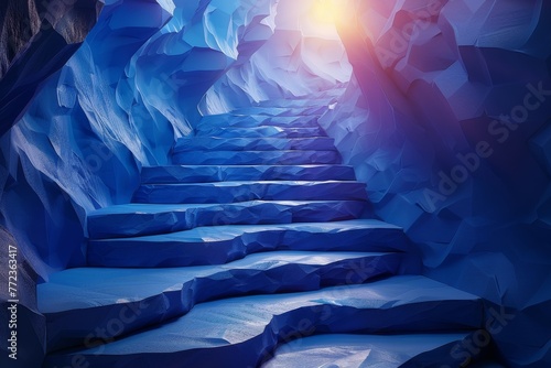 Success path on a blue background. Staircase up in a futuristic polygonal style. Abstract modern illustration of a path to success