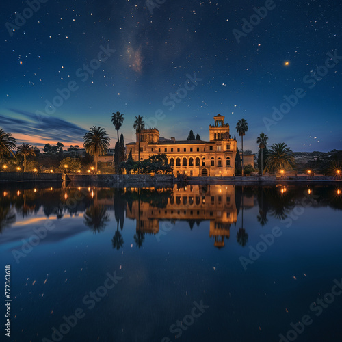 Night view of a building with reflections