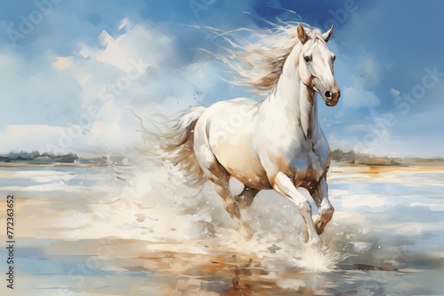 white horse galloping on shore watercolor style