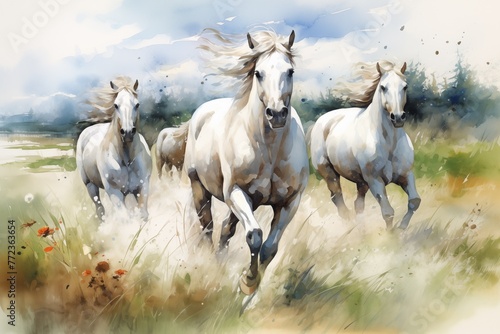 white horses galloping on grassland watercolor style 