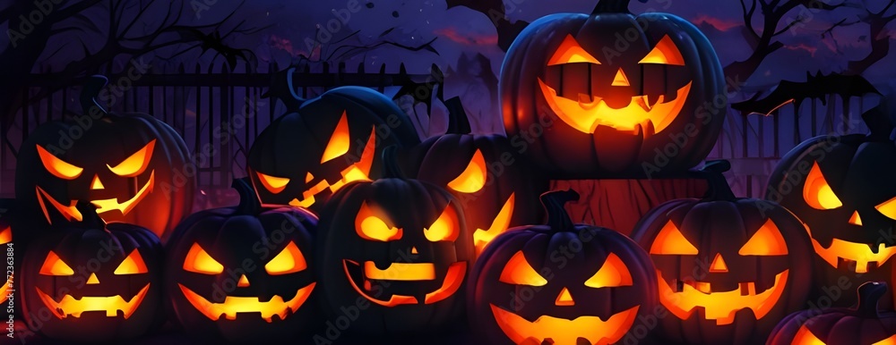 Illustration of glowing carved pumpkins with different evil faces in the dark at Halloween night. Generative AI Illustration of glowing carved pumpkins with different evil faces in the dark at Halloween night. Generative AI