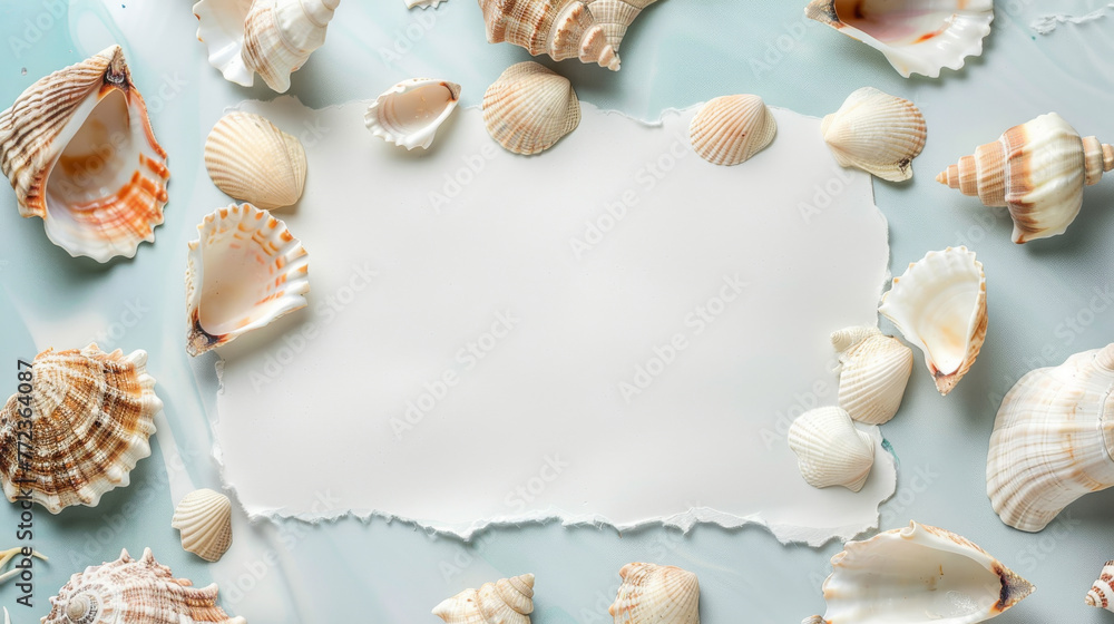 seashells and sand background with copy space in the center