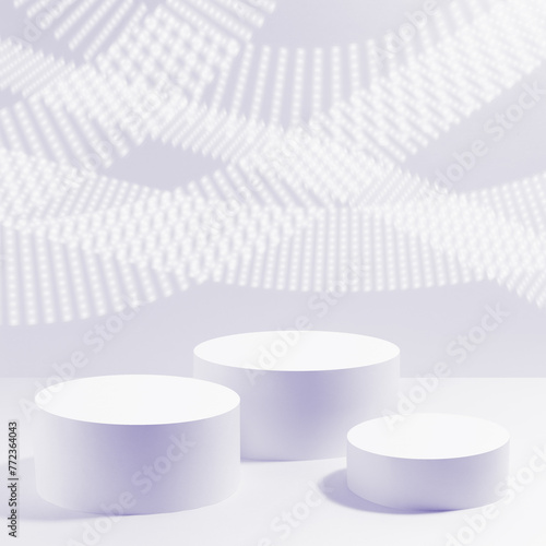 Abstract violet scene mockup - three round violet cylinder podiums, dotted glowing light waves. Template for presentation cosmetic products, goods, advertising, design,  showing in spring style.