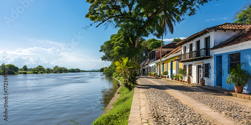 River promenade with typical historic houses, trees and river, Santa Cruz de Mompox, Colombia, World Heritage. generative ai photo