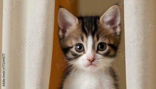 A Curious Kitten Peeking Out From A Curtain