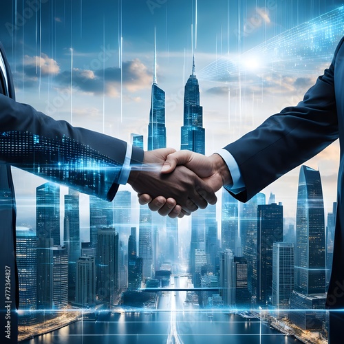 tow business professionals shaking hands wiht a cityscape as the background and a futuristic hologr out