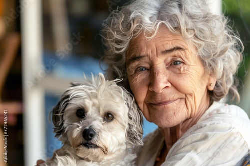 An elderly beautiful smiling woman with her dog on the background of a summer lawn. The concept of love between a person and a pet. Loneliness of the elderly.