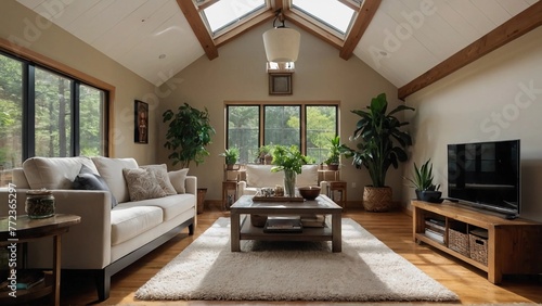living room interior,A cozy living room with vaulted ceilings and skylights, filled with furniture and bookshelves.