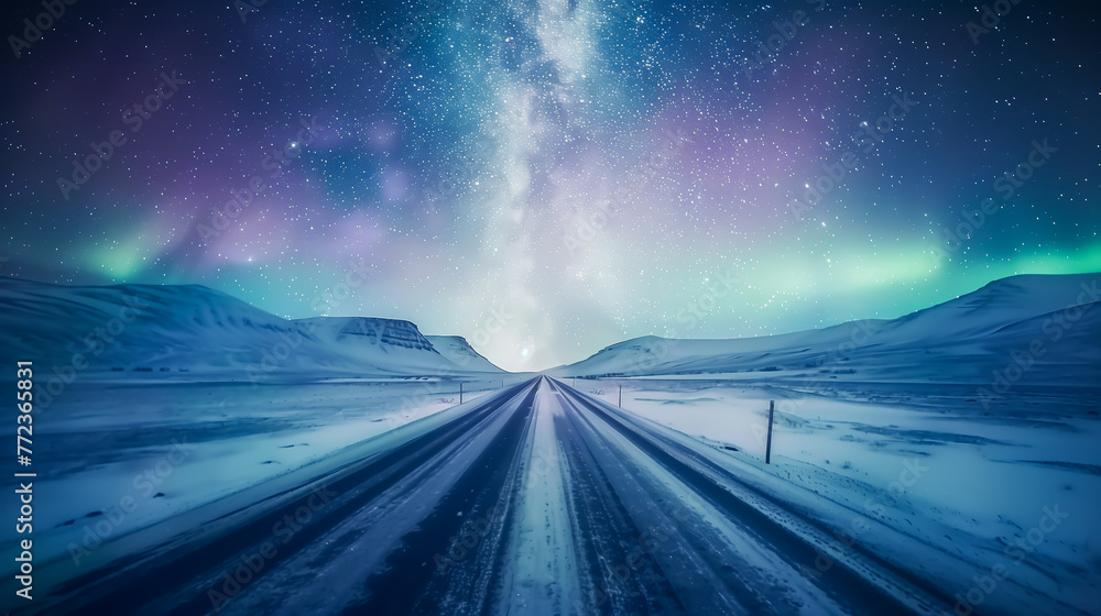 Aurora borealis, Northern lights over road in winter, Northern lights over the road in the mountains. Winter landscape with milky way	