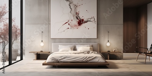 Serene simplicity meets artistic flair in a minimalist bedroom featuring a captivating back arts wall design. photo