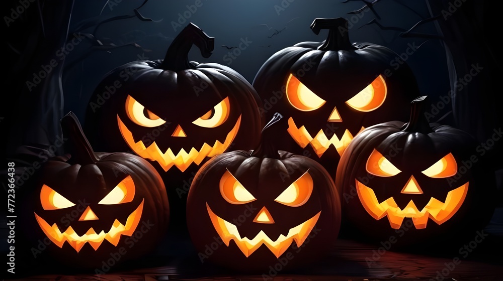 Illustration of glowing carved pumpkins with different evil faces in the dark at Halloween night. Generative AI Illustration of glowing carved pumpkins with different evil faces in the dark at Halloween night. Generative AI
