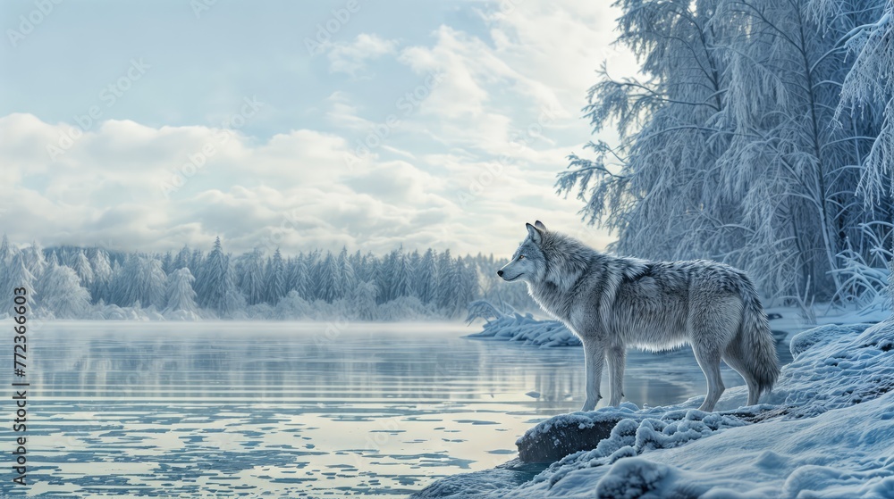 A lone wolf stands on a snowy riverbank, looking out at a frozen lake surrounded