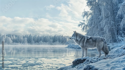 A lone wolf stands on a snowy riverbank, looking out at a frozen lake surrounded © Nosheen